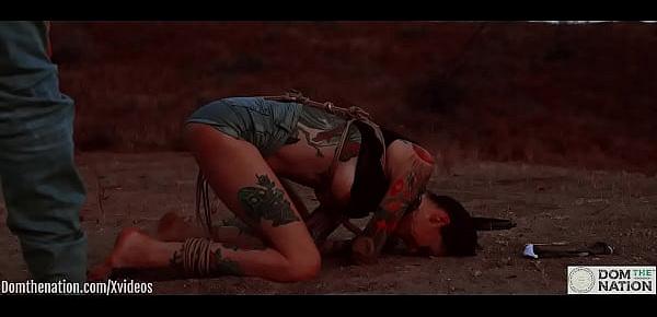 Ass eating bondage slave cries while her feet get caned outdoors in the dirt - Rocky Emerson